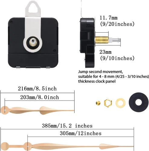 Miniatura 2 de Mecanismo de reloj Hicarer de repuesto de alto par de cuarzo con manecillas de pala de 12 pulgadas de largo para reloj DIY Dorado