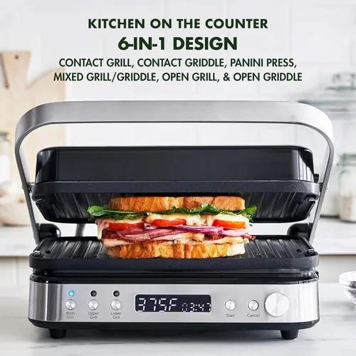 Miniatura 3 de GreenPan Parrilla Eléctrica para Interior de Acero Inoxidable 6 en 1 y Plancha, Antiadherente de Cerámica Saludable, Placas Reversibles Aptas