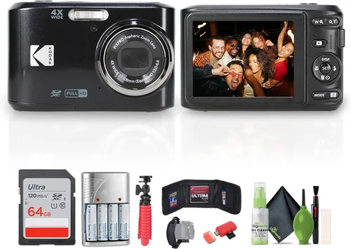 Kodak Pixpro FZ45 Cámara digital (negro) El paquete incluye: tarjeta de memoria de 64 GB, baterías recargables, trípode flexible, lector de