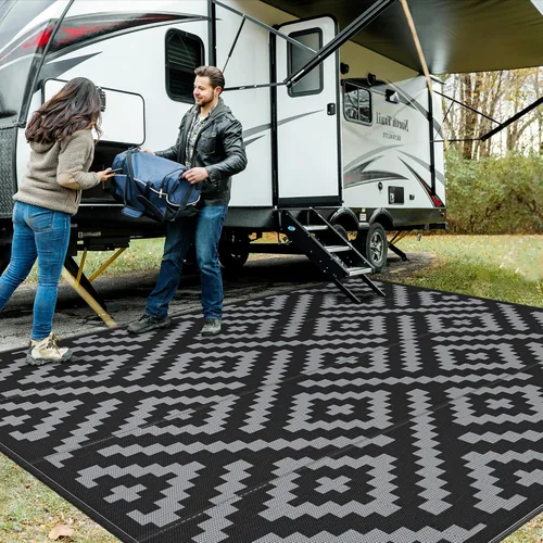 Miniatura 40 de GENIMO Alfombra de exterior impermeable de 5 x 8 pies, alfombras reversibles, alfombra de área, alfombra de plástico para exteriores, alfombra Negro