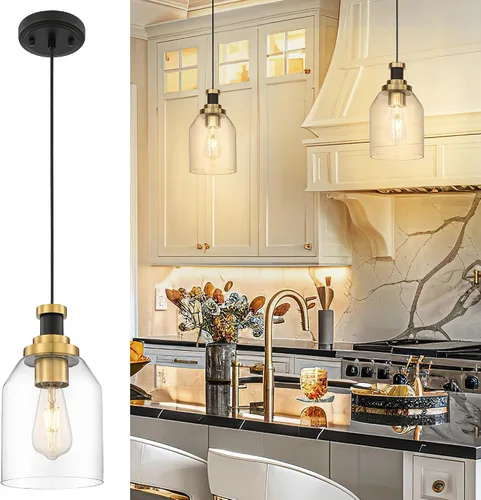 Miniatura 24 de Zeyu Lámpara Colgante Moderna de Oro, Lámpara Colgante de Vidrio de 1 Luz para Cocina y Comedor, Soporte de Vidrio Transparente, Acabado en Negro