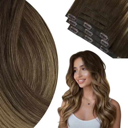 Miniatura 52 de Ve Sunny Extensiones de cabello clip-in de cabello humano real con reflejos, extensiones de cabello con clip para cabello corto, marrón oscuro