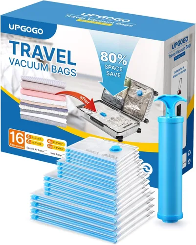 Miniatura 8 de UPGOGO Bolsas de vacío para viajes, paquete de 12 con bomba de mano, bolsas de almacenamiento al vacío que ahorran espacio, artículos esenciales