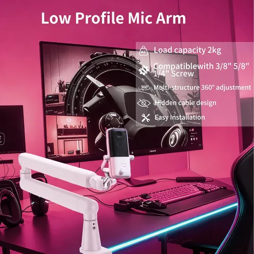 Miniatura 2 de Soporte de micrófono giratorio de 360°, brazo de micrófono, brazo de micrófono de perfil bajo, compatible con tornillo de 3/8 pulgadas, 5/8 pulgadas