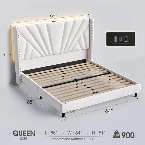Miniatura 2 de EnHomee Marco de Cama Queen con Cabecera Alta de 51" Wingback, Cama Plataforma Tapizada en Terciopelo con Estación de Carga y Luces LED, No Necesita