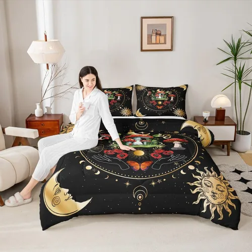 Juego de edredón de champiñones para niños, tamaño individual, juego de ropa de cama romántica con sol, luna, cielo estrellado y galaxia, decoración