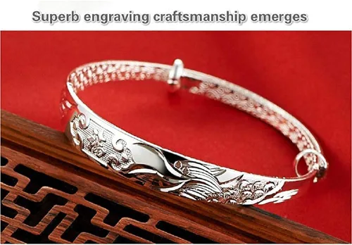 Miniatura 3 de Pulsera ajustable tallada de plata de ley 999 maciza con dragón chino fénix tallada para mujer, 0.51 onzas de peso para mujeres, mujeres y ancianos