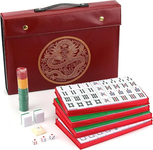Mose Cafolo - Mahjong Chino XL, 146 azulejos numerados de melamina de 1.5 pulgadas, con estuche de viaje para llevar, manual en inglés, juego