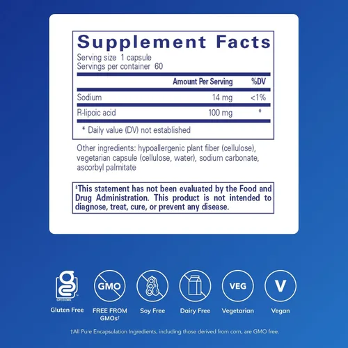 Miniatura 2 de Pure Encapsulations Ácido R-lipoico (estabilizado) Suplemento hipoalergénico con protección antioxidante mejorada y apoyo metabólico* 60 cápsulas