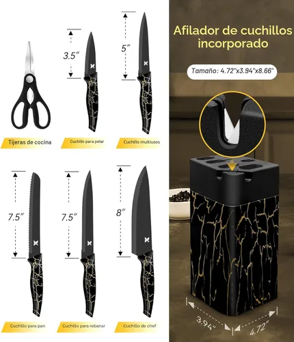 Miniatura 2 de Juego de cuchillos de cocina de 8 piezas, acero inoxidable alemán de alto carbono, cubiertos aptos para lavavajillas con afilador, color negro