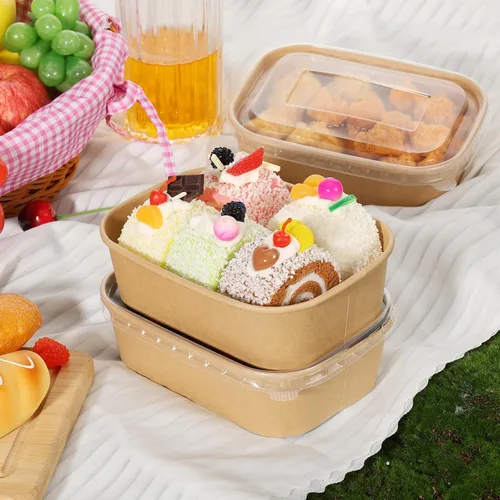 Miniatura 5 de Paquete de 50 cuencos desechables de papel kraft de 17 onzas con tapas, recipientes rectangulares de preparación de comidas a granel, ensaladera
