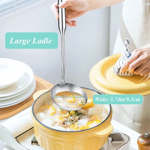 Miniatura 6 de Juego de 2 cucharones de sopa y cuchara ranurada, cucharones de cocina de acero inoxidable 316 de metal para colar alimentos, cucharón de cocina