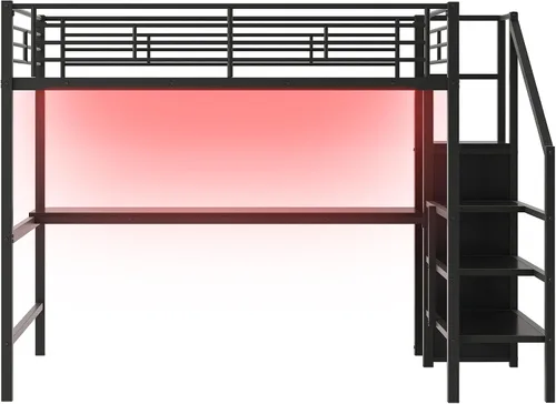 Miniatura 5 de Bellemave Cama tipo loft de metal de tamaño matrimonial con escritorio en forma de L, marco de cama tipo loft con luz LED, estación de carga
