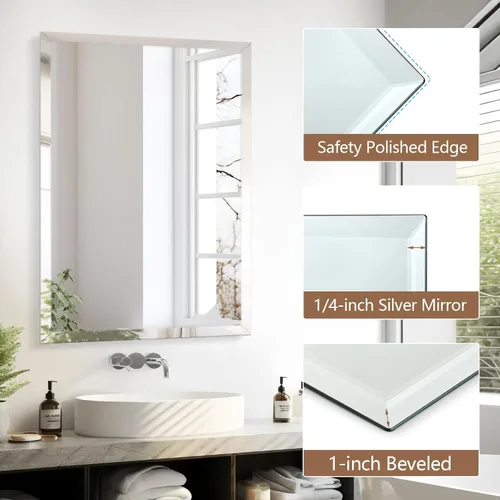 Miniatura 4 de Espejo rectangular sin marco de 22 x 30 pulgadas, espejo de baño biselado, espejo de pared sin marco con borde biselado de 1 pulgada para tocador
