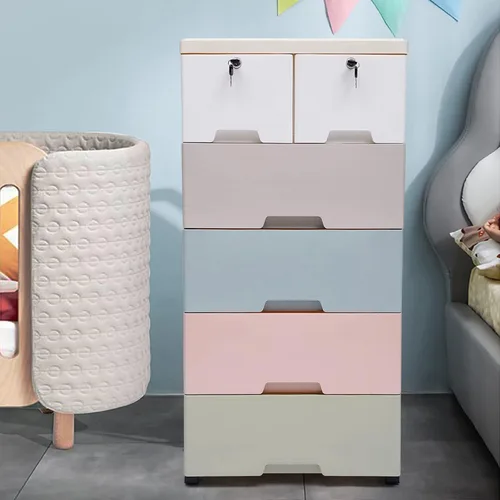 Miniatura 8 de Cómoda de plástico con 6 cajones, armario de almacenamiento multifuncional con cerradura, organizador de llaves de ropa para dormitorio, sala