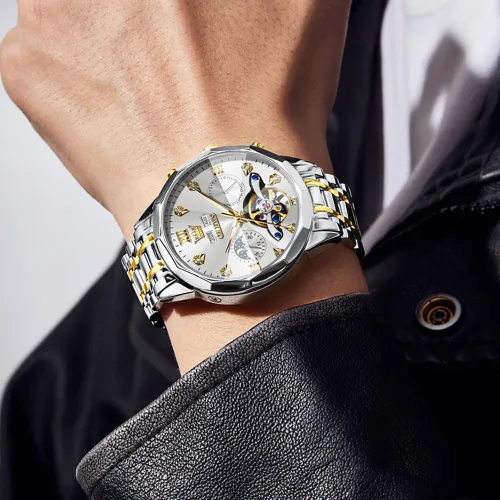 Miniatura 42 de OLEVS Reloj de pulsera automático con diseño de esqueleto para hombre, de lujo, con diamantes de lujo, de acero inoxidable, calendario, reloj