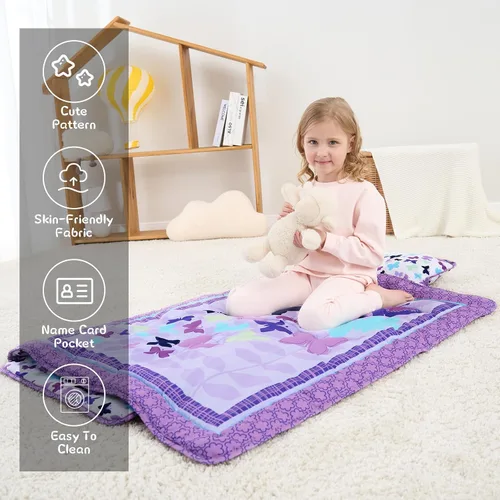 Miniatura 3 de UOMNY Tapete para siesta para niñas y niños pequeños con almohada extraíble y manta con diseño de mariposa, saco de dormir para preescolar
