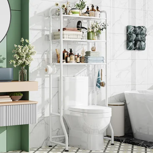 Miniatura 12 de Simple Trending Over The Toilet Storage Rack, Metal 3 Tier Bathroom Organizer Shelf with Paper Holder and 3 Hooks, Freestanding Shelf Space Saver