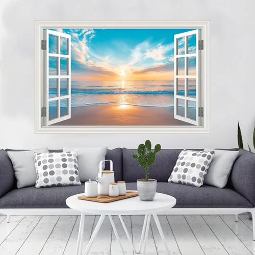 Miniatura 6 de Calcomanía de pared falsa para ventana, atardecer de verano, paisaje marino, océano, playa, póster de ventana falsa para decoración de pared