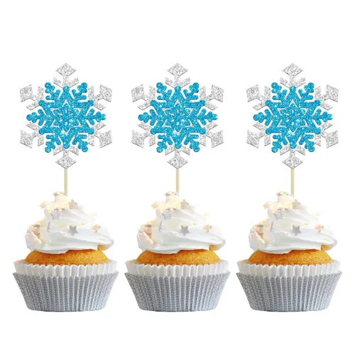 Miniatura 11 de Gyufise Paquete de 24 adornos de copos de nieve Oh Baby para cupcakes con purpurina azul Frozen Oh Baby Pick Decoraciones para baby shower