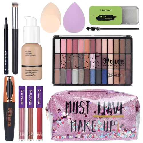 Miniatura 10 de Kit de maquillaje todo en uno, paleta de 12 colores de sombras de ojos desnudas brillantes, lápiz delineador de ojos negro resistente al agua, kit