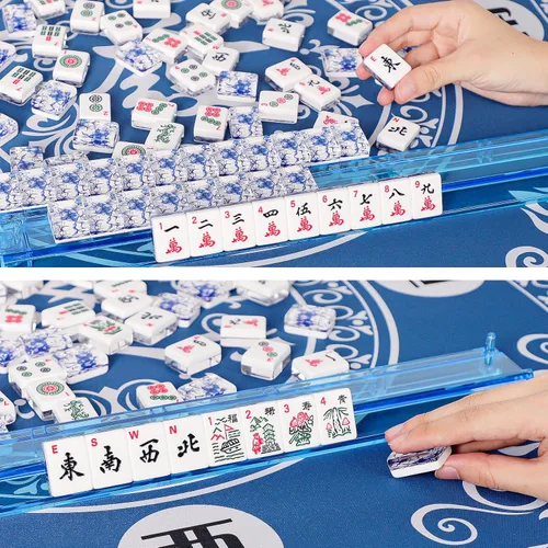 Miniatura 4 de Juego de Mahjong Americano, 166 Azulejos Premium de Acrílico con Impresiones Azules, 4 Estante/Empujadores de Color Todo en Uno, Juego Completo