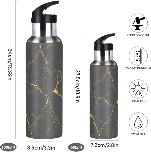 Miniatura 2 de Gray Marble Gold Yellow Insulated Water Bottle 32 Oz, BPA-Free Sports Water Bottle with Straw Leakproof Water Bottles