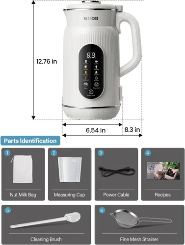 Miniatura 8 de GDOR Máquina inteligente de leche de nuez de 42 onzas, máquina de leche vegetal 9 en 1 para almendras, avena, soja, jugo y batidos, licuadora