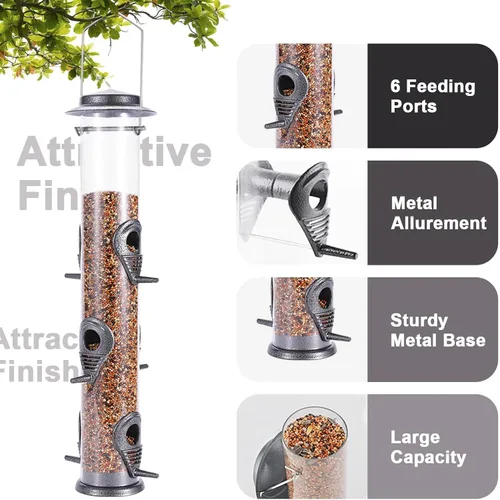 Miniatura 3 de MIXXIDEA 1PK Alimentadores de pájaros metálicos con 6 puertos de alimentación, alimentador de pájaros de tubo con colgador de acero, alimentador