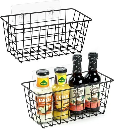 ZUSHALLMY Paquete de 2 cestas de cocina colgantes, cesta de almacenamiento de pared de alambre adhesivo, cestas de frutas colgantes sin perforar,
