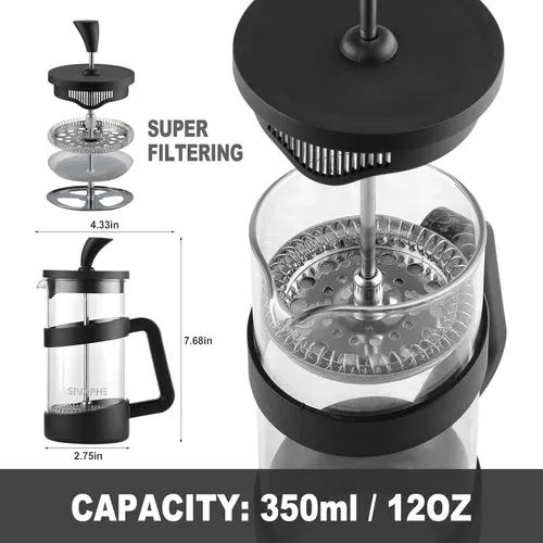 Miniatura 7 de Sivaphe Pequeña prensa francesa de 12 onzas, ligera, duradera, alta borosilicato, jarra/tetera de una sola porción prensa de café espumosa