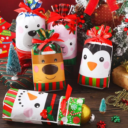 Miniatura 3 de Funrous 50 bolsas de dulces de Navidad a granel, bolsas de plástico con cordón de regalo, alce, muñeco de nieve, pingüino, bolsas de regalos