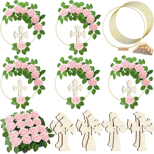 LEIFIDE 40 piezas de decoración de primera comunión para bautismo, centros de mesa, decoración de la primera comunión con 8 anillos de aro florales
