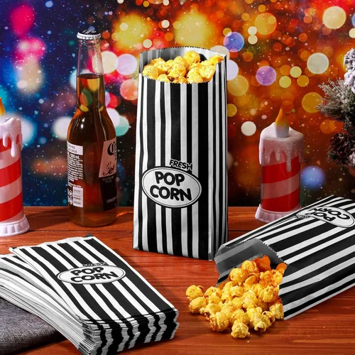 Miniatura 4 de Sherr 1000 bolsas de palomitas de maíz de 2 onzas a granel negras retro a rayas desechables para noches de cine, Navidad, circo, carnaval, fiesta