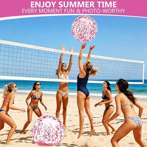 Miniatura 4 de Paquete de 5 bolas de playa de lentejuelas de 16 pulgadas y 24 pulgadas, inflables, confeti con purpurina, pelota de playa transparente, juguete Rosa
