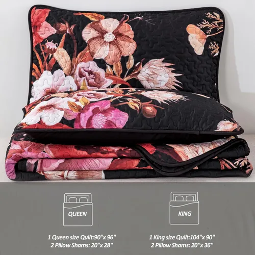 Miniatura 7 de Juego de colcha floral tamaño Queen de 3 piezas, juego de colcha con estampado floral rojo suave de microfibra ligera, cubrecama acolchado negro