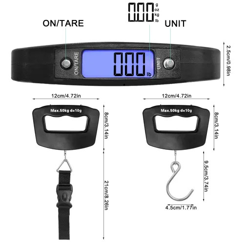 Miniatura 7 de AFUNTA Báscula de equipaje de 110.2 lbs y 0.35 oz, 2 básculas de equipaje digitales de mano para maletas, báscula digital electrónica para colgar