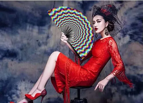 Miniatura 5 de Ventilador de mano plegable grande para mujeres/hombres, chino/japonés con bambú y tela de nailon, ventilador de mano, para actuaciones, Trippy