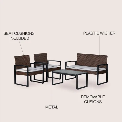Miniatura 3 de JONATHAN Y Elina LVG1102B-4SET - Juego de 4 piezas para patio al aire libre, muebles modernos de mimbre con cojines y mesa de centro de madera