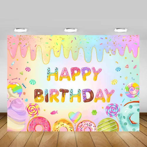 Miniatura 5 de Mocsicka Fondo de dona de feliz cumpleaños para niñas, decoración de fiesta de cumpleaños, decoración de fondo, mesa de pastel, pancarta, dona