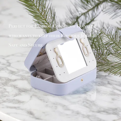 Miniatura 5 de Vlando Pequeño organizador de joyero de viaje Joyas espejadas, collares, anillos, aretes, collar, estuche de almacenamiento para niñas, mujeres