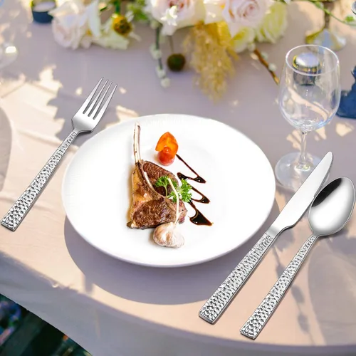 Miniatura 7 de LIANYU Juego de cubiertos martillados de 24 piezas con tenedores de ensalada adicionales, cubiertos cuadrados de acero inoxidable para 4, utensilios