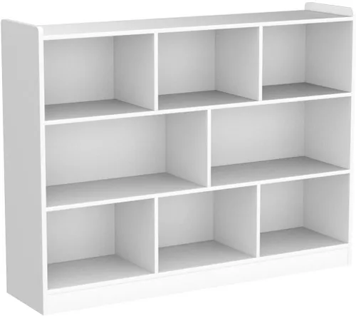 Miniatura 2 de Estantería de 3 niveles, estantería de madera de 8 secciones, organizador de almacenamiento con dispositivo antivuelco, moderno gabinete