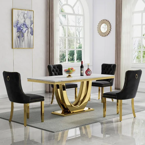 Miniatura 103 de Juego de mesa de comedor de mármol sintético, 7 piezas, juego de mesa de cocina y comedor para 6, mesa de comedor rectangular blanca de 70 pulgadas