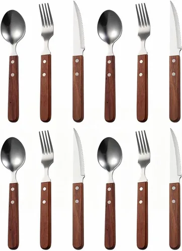 Creative Two Nail - Juego de cubiertos cuadrados de madera para 4 personas, cuchillos de carne de acero inoxidable 304, tenedores y cucharas,