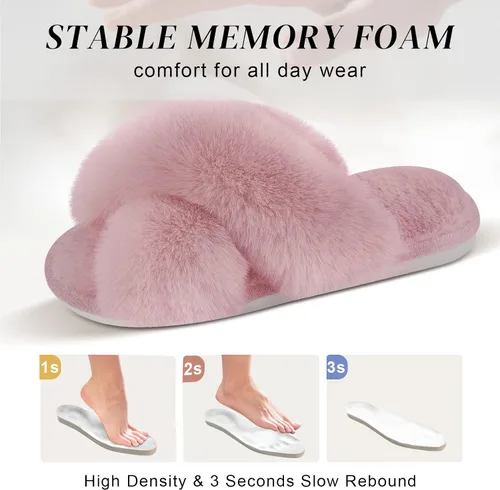 Miniatura 3 de Parlovable Women's Cross Band Slippers Fuzzy Soft House Slippers Plush Furry Warm Cozy Open Toe Fluffy Home Shoes Comfy Indoor Outdoor Slip On
