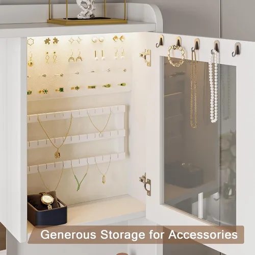 Miniatura 7 de Einhomn Escritorio de tocador de maquillaje con espejo y luces LED, mesa de tocador grande con parte superior de cristal con 7 cajones y 3