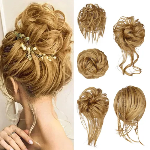 Miniatura 28 de 5 piezas de extensiones de cabello para moños desordenados con banda elástica de goma para mujeres, extensiones de cola de caballo con horquillas