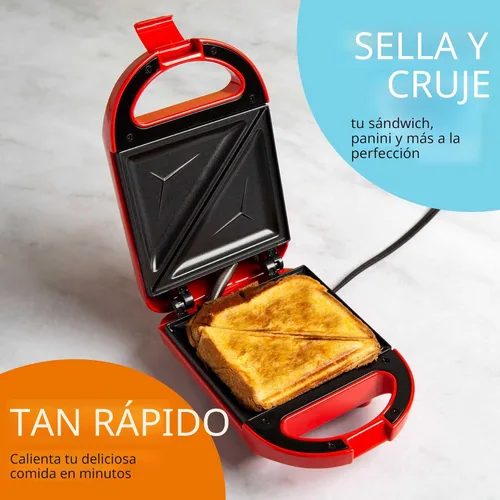 Miniatura 2 de Mini Sandwichera Tasty, Hace Sánidwiches, Paninis, Queso a la Parrilla, Postres, Resultados Rápidos, Fácil Limpieza, 600W, Roja Rojo