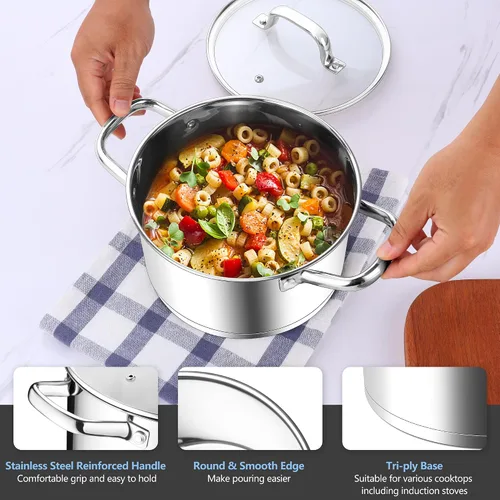 Miniatura 3 de Homikit Olla de acero inoxidable de 4 cuartos de galón, olla de inducción con tapa para sopa, salsa de pasta, cocinar a fuego lento, parte inferior